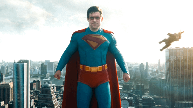 David Corenswet as Superman floating in the sky in Superman