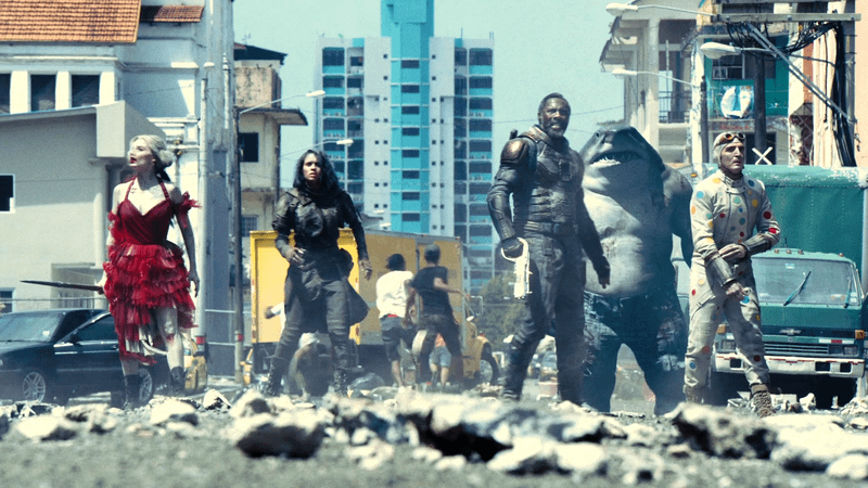 Margot Robbie as Harley Quinn, Daniela Melchoir as Ratcatcher-2, Idris Elba as Bloodsport, King Shark, Dave Dastmalchian as Polka-Dot Man in 'The Suicide Squad.'
