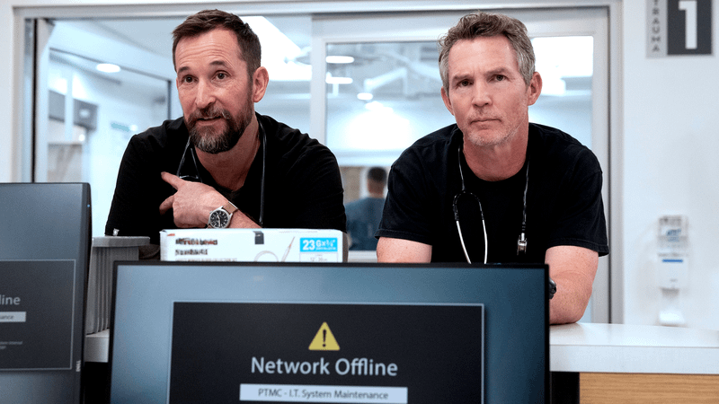 Noah Wyle's Dr. Robby & Shawn Hatosy as Dr. Abbott in The Pitt Season 2, Episode 9.