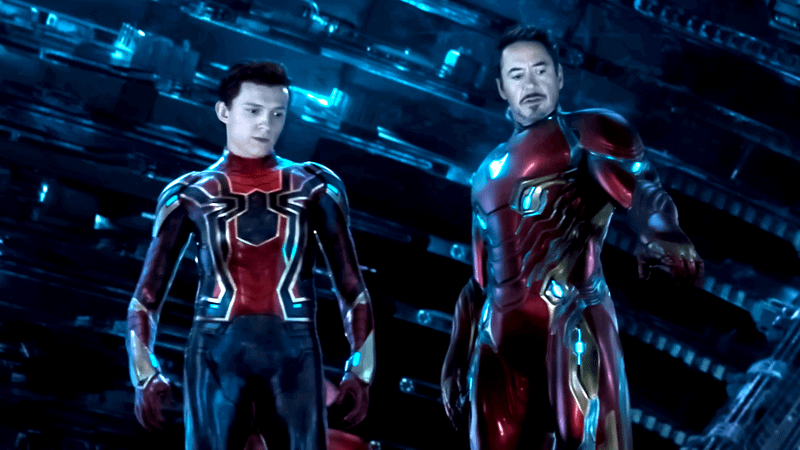 Tom Holland as Spider-Man, Robert Downey Jr. as Iron Man in Avengers: Infinity War