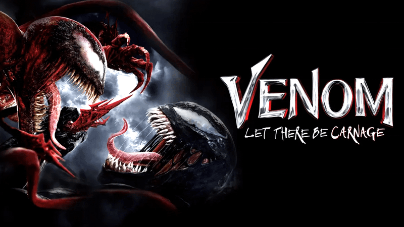 Carnage and Venom face off against a gray, white, and black background, with the Venom: Let There Be Carnage logo on the right.