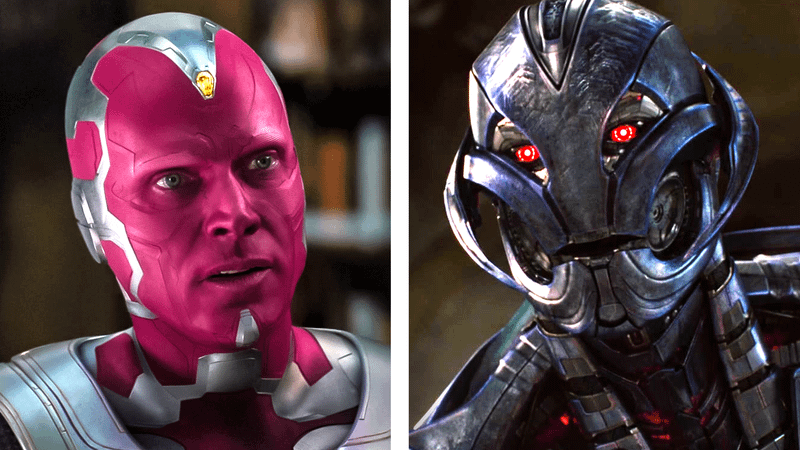 A close-up of Vision looking concerned; Vision's final robotic form in Avengers: Age of Ultron, with glowing red eyes.