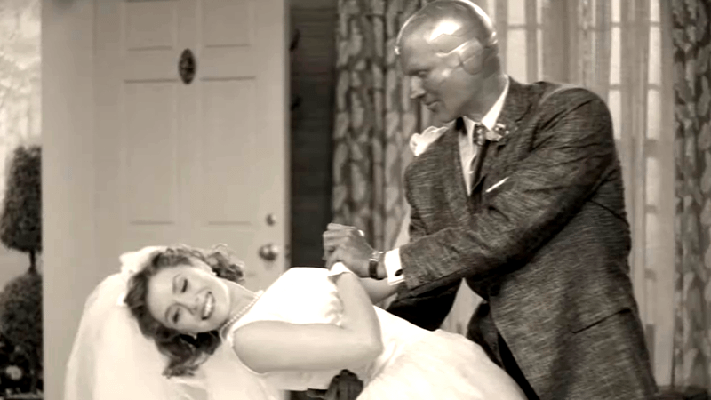 Elizabeth Olsen as Wanda Maximoff & Paul Bettany as Vision in WandaVision Episode 1.