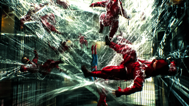 Spider-Man shooting webs at members of the Hand.
