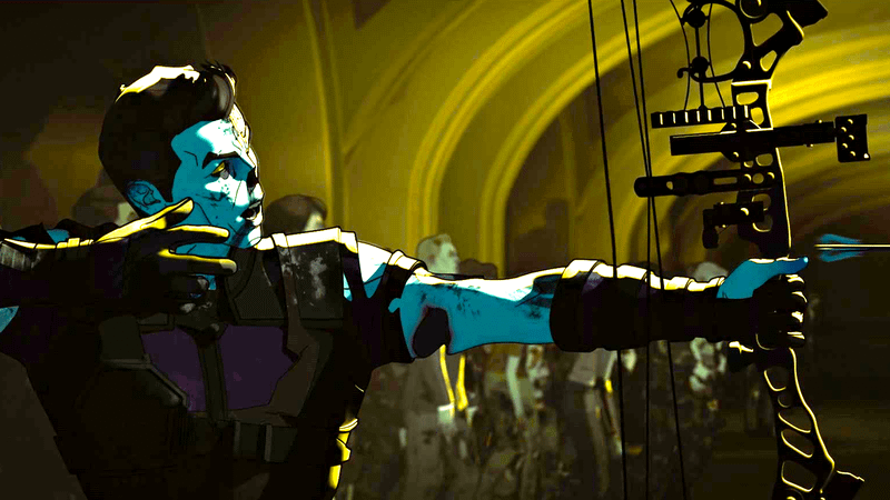 Hawkeye as a zombie letting loose an arrow from his bow in Marvel Zombies