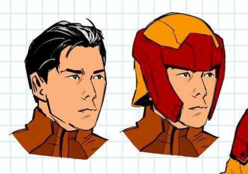A close up of The Star’s face, both with and without the suit's red-and-yellow helmet on.