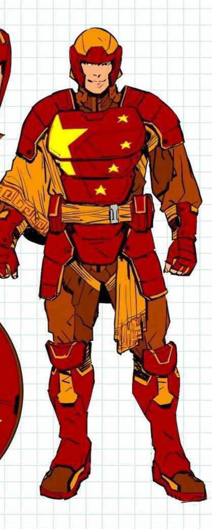 a man in a red-and-yellow super suit, with one large yellow star and four smaller yellow stars on the chest plate.