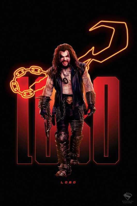 Lobo Supergirl movie poster featuring Jason Momoa with his hook behind him.
