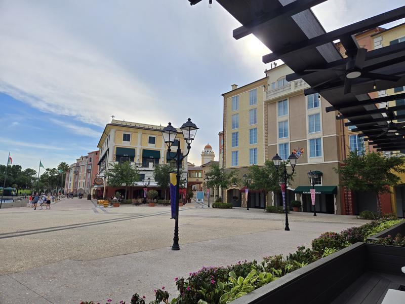 Outdoor shot of Portofino Bay with buildings and lights.