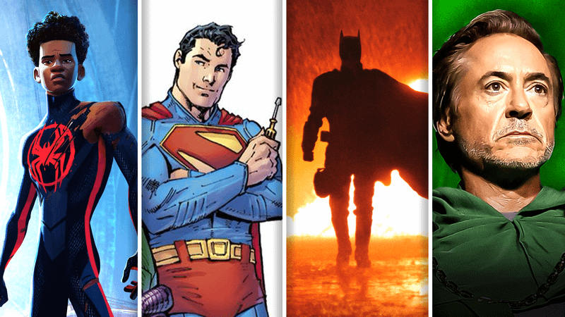 Spider-Man, Superman, Batman, and Doctor Doom next to each other