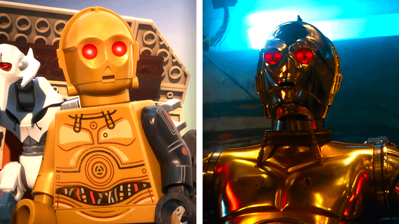 C-3PO with red eyes in LEGO form and live-action