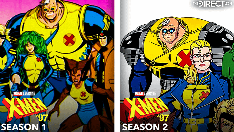 Strong Guy in yellow and blue X-Men suit in 'X-Men '97' Season 1, Strong Guy in yellow and blue X-Men suit with black shoulder pads in 'X-Men '97' Season 2.
