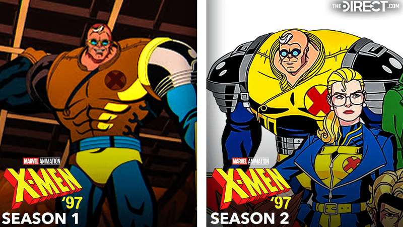 Strong Guy in yellow and blue X-Men suit in 'X-Men '97' Season 1, Strong Guy in yellow and blue X-Men suit with black shoulder pads in 'X-Men '97' Season 2.