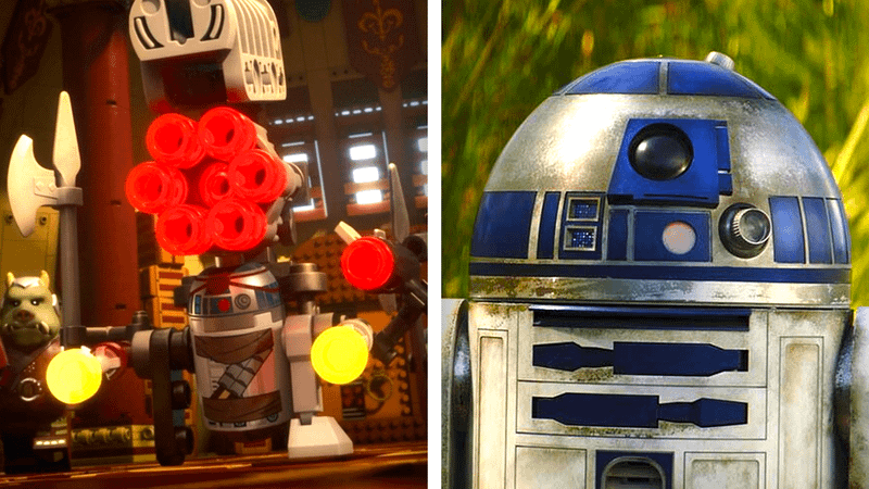 A comparison of LEGO R2-D2 with all his guns out and the live-action R2-D2