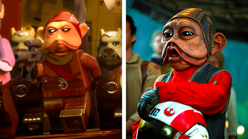 Nien Nunb running in LEGO Star Wars and Nien Nunb in Rise of Skywalker standing with his helmet
