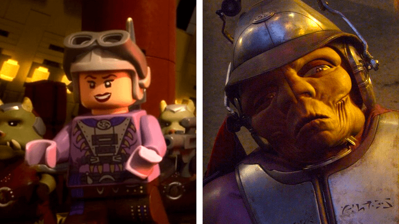 A comparison of Zam Wessell in LEGO form and her all shriveled up in Attack of the Clones