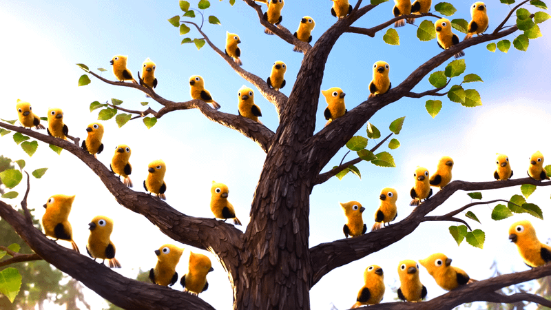 A group of yellow birds on a tree in Hoppers.