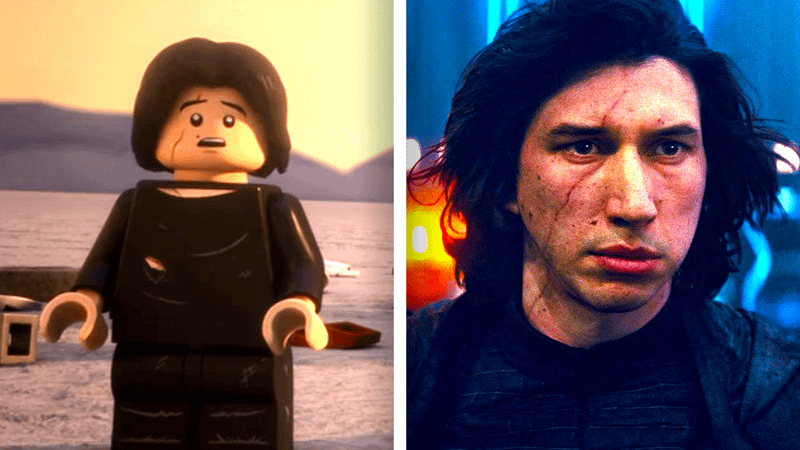 A comparison of LEGO Kylo Ren and Adam Driver as Kylo Ren in The Force Awakens