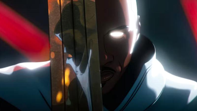 Blade with a sword in front of his face in Marvel Zombies