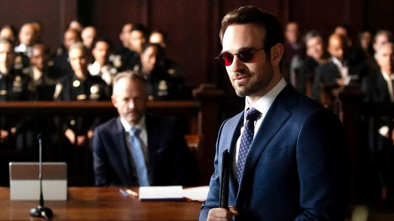 Charlie Cox as Matt Murdock in a courtroom in Daredevil: Born Again