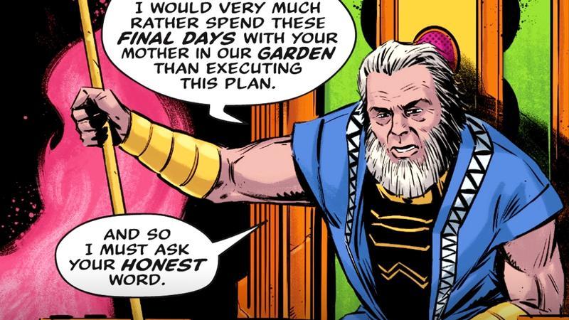 Highfather sitting in a throne and leaning over in DC Comics