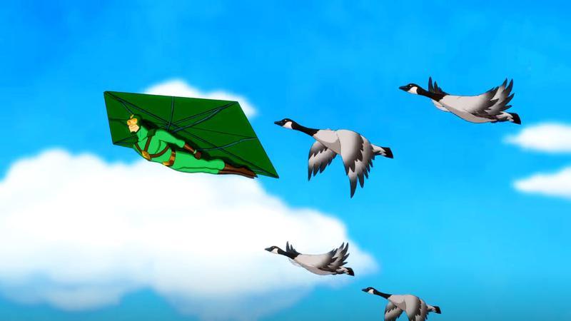 Kite Man flying in the sky with a flock of geese in Kite Man: Hell Yeah!