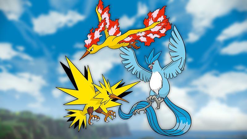 Articuno, Zapdos, and Moltres in the sky in Pokemon