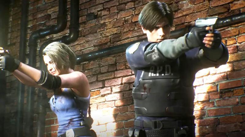 Leon and Claire holding out guns in Resident Evil 2