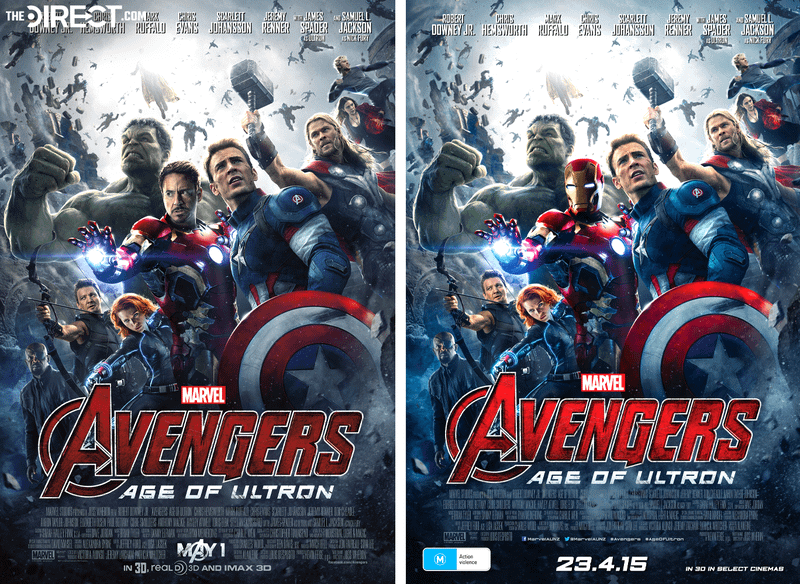 Avengers Age of Ultron posters featuring Iron Man without a mask and with one.