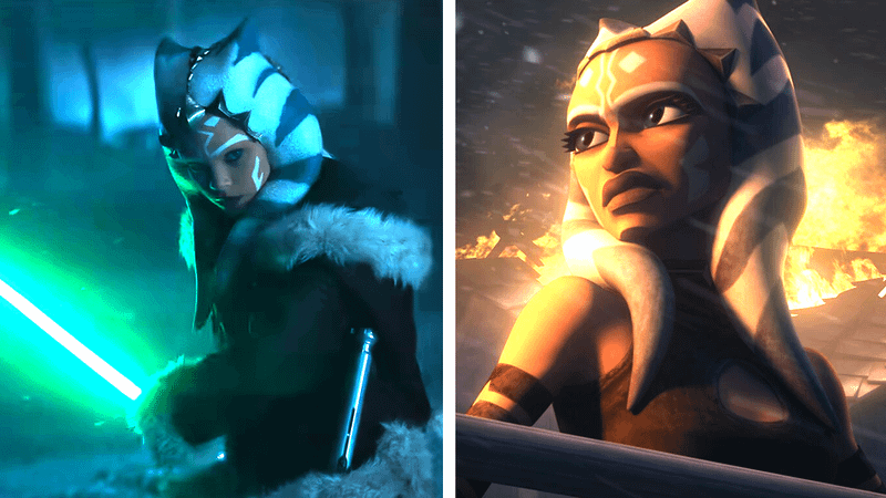 Ahsoka Tano in Ahsoka and in The Clone Wars.