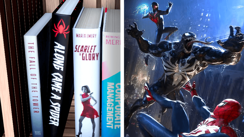 The Along Came a Spider book on the left and Venom fighting Miles Morales and Peter Parker on the right.