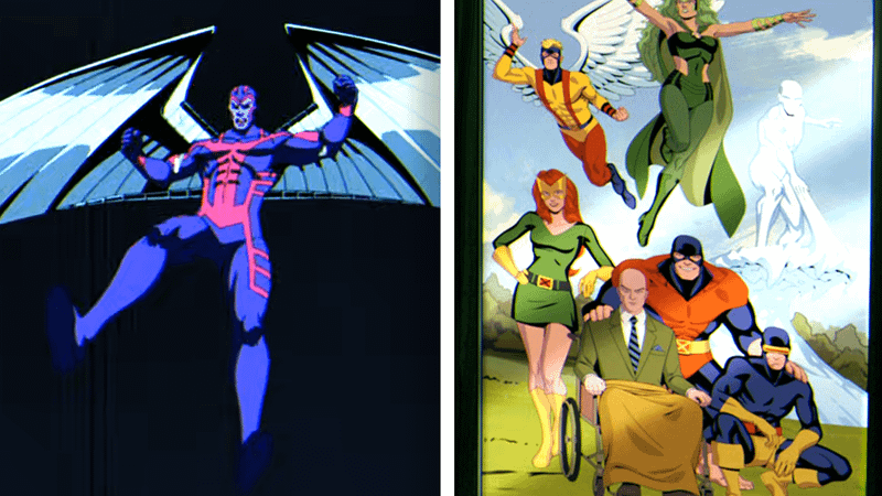Archangel in purple and pink outfit with wings spread in 'X-Men '97,' original X-Men, Jean Grey, Archangel, Polaris, Professor X, Cyclops, and Iceman in 'X-Men '97.'