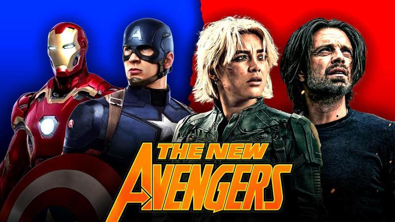 Iron Man, Captain America, Yelena Belova, Bucky Barnes, The New Avengers logo