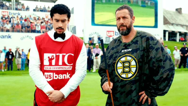 Bad Bunny as Oscar Mejías & Adam Sandler as Happy Gilmore in Happy Gilmore 2