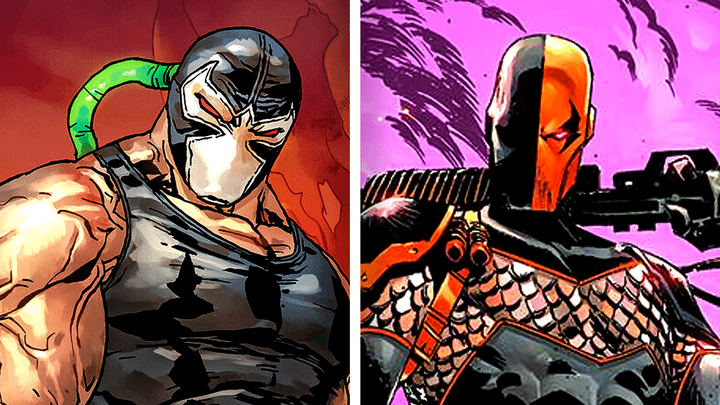 Bane from the comics on the left half of the image and Deathstroke from the comics on the right half of the image.