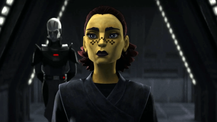 Barriss Offee standing in front of the Grand Inquisitor.