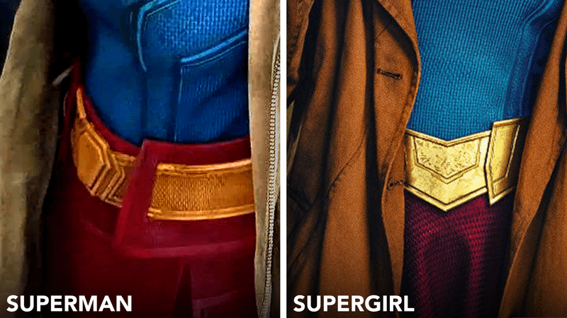 A comparison of the belt on Milly Alcock's Supergirl costume in Superman and Supergirl
