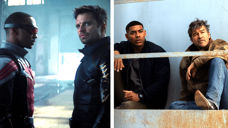 Anthony Mackie as Sam Wilson and Sebastian Stan as Bucky Barnes in 'The Falcon and the Winter Soldier,' Aaron Pierre as John Stewart sitting next to Kyle Chandler as Hal Jordan in 'Lanterns.'