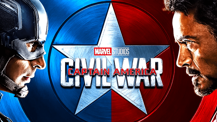 Chris Evans as Steve Rogers facing Robert Downey Jr. as Iron Man on the Captain America: Civil War poster.