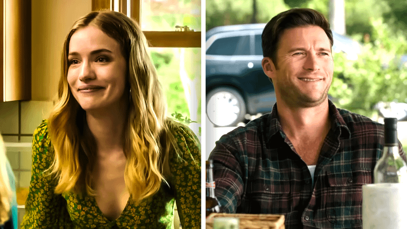 Willa Fitzgerald as Jenny Davidson and  Scott Eastwood as Chris Grant next to one another in Regretting You