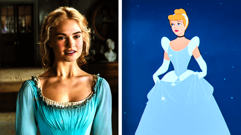 Lily James as Cinderella on the left and the animated Cinderella on the right.