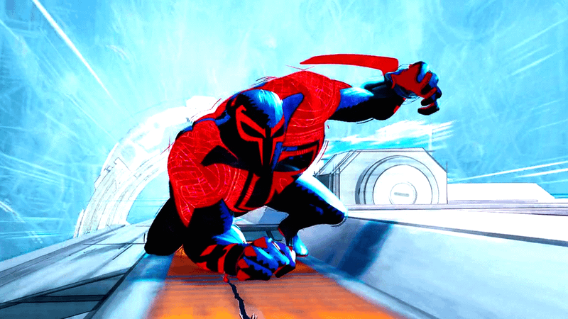 Spider-Man 2099 in Across the SpiderVerse chasing Miles Morales.