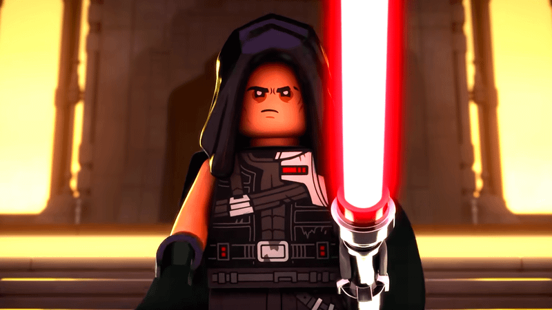 Darth Dev holding out his red lightsaber in LEGO Star Wars: Rebuild the Galaxy: Pieces of the Past