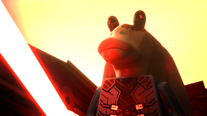 Darth Jar Jar squinting with his saber lit in LEGO Star Wars: Rebuild the Galaxy: Pieces of the Past