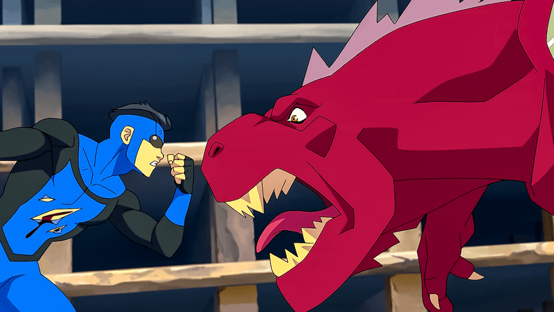 Invincible holding his fist out against Dinosaurus in Invincible