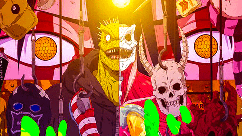 Caiman holding out a skull in Dorohedoro