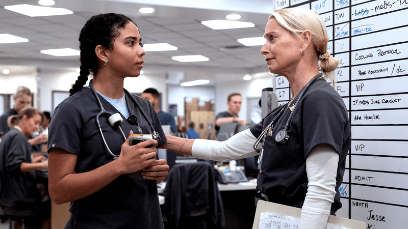 Laetitia Hollard as Emma & Katherine LaNasa as Dana in The Pitt Season 2, Episode 11.