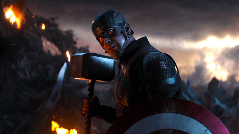 Steve Rogers wields Mjolnir during the Battle of Earth in Avengers: Endgame.