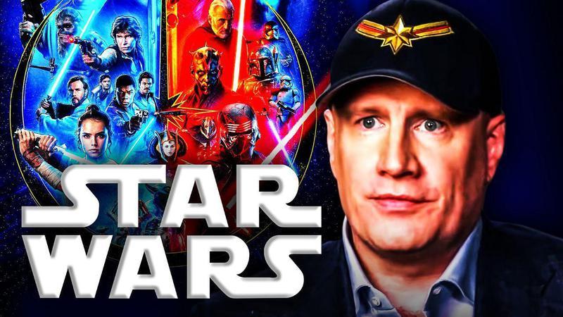 Star Wars logo and Kevin Feige next to classic Star Wars posters.