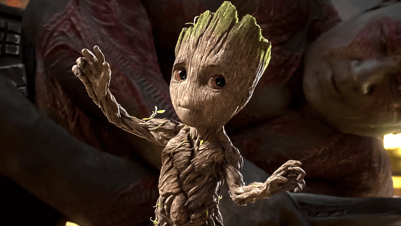 Baby Groot dancing in front of Drax in 'Guardians of the Galaxy Vol. 2.'